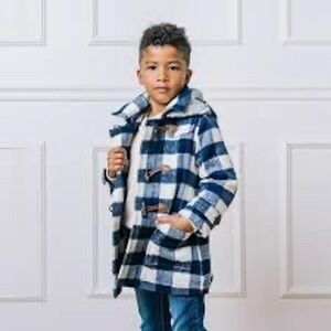 Hope & Henry Kids Plaid Toggle Coat Hooded Blue White Buffalo Plaid Size Small